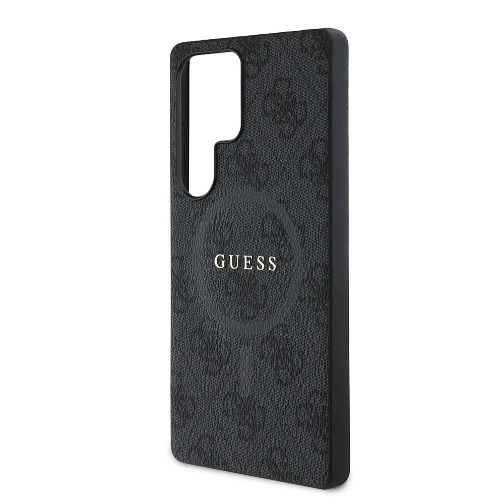 Galaxy S25 Ultra Kılıf Guess Orjinal Lisanslı M-safe Şarj Özellikli PU Halkalı 4G Desenli Yazı Logolu Kapak Siyah