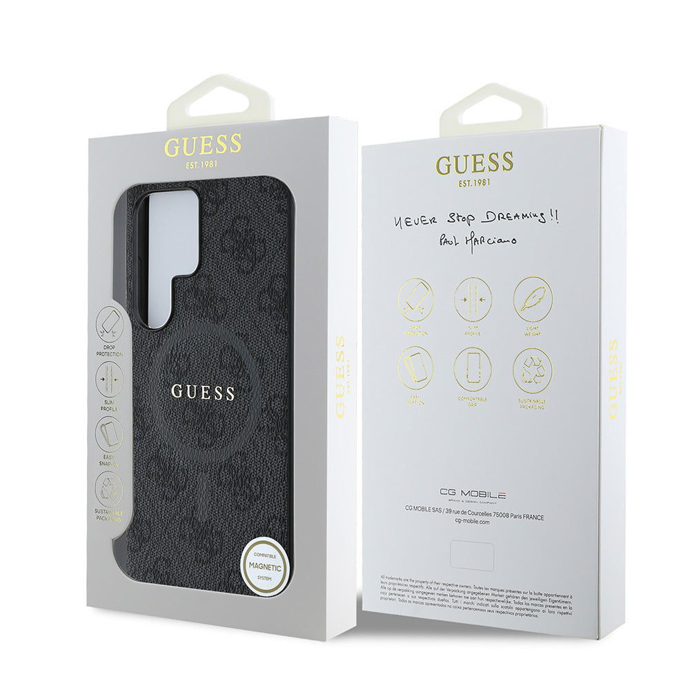 Galaxy S25 Ultra Kılıf Guess Orjinal Lisanslı M-safe Şarj Özellikli PU Halkalı 4G Desenli Yazı Logolu Kapak Siyah