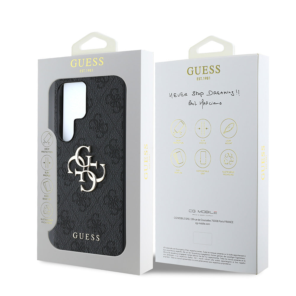 Galaxy S25 Ultra Kılıf Guess Orjinal Lisanslı PU Deri 4G Desenli Metal Büyük 4G ve Yazı Logolu Kapak Kahverengi