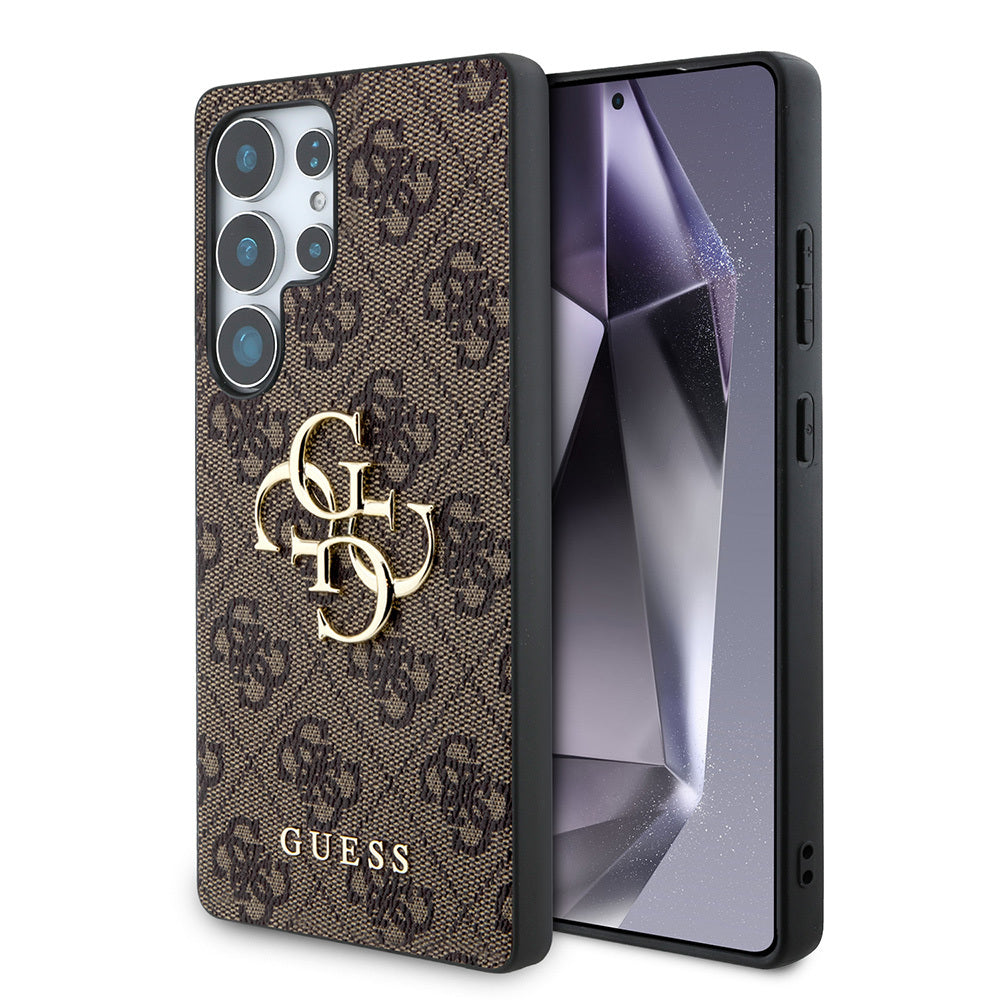 Galaxy S25 Ultra Kılıf Guess Orjinal Lisanslı PU Deri 4G Desenli Metal Büyük 4G ve Yazı Logolu Kapak Kahverengi