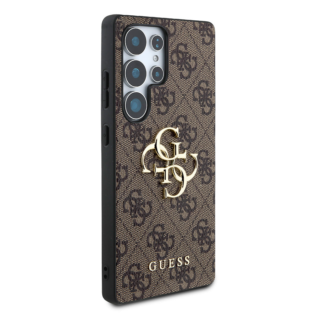 Galaxy S25 Ultra Kılıf Guess Orjinal Lisanslı PU Deri 4G Desenli Metal Büyük 4G ve Yazı Logolu Kapak Kahverengi