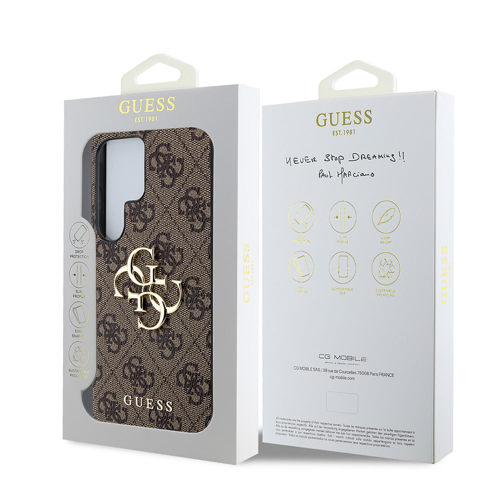 Galaxy S25 Ultra Kılıf Guess Orjinal Lisanslı PU Deri 4G Desenli Metal Büyük 4G ve Yazı Logolu Kapak Kahverengi