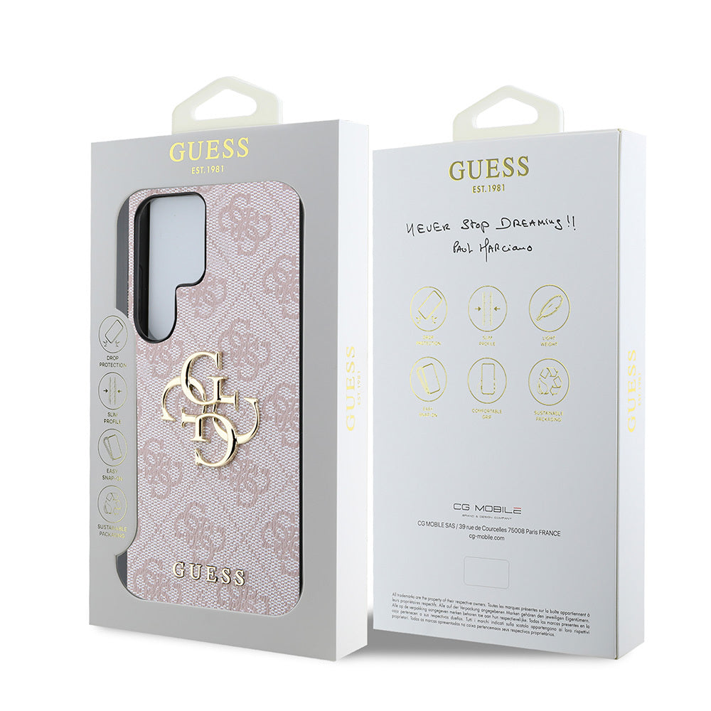 Galaxy S25 Ultra Kılıf Guess Orjinal Lisanslı PU Deri 4G Desenli Metal Büyük 4G ve Yazı Logolu Kapak Kahverengi