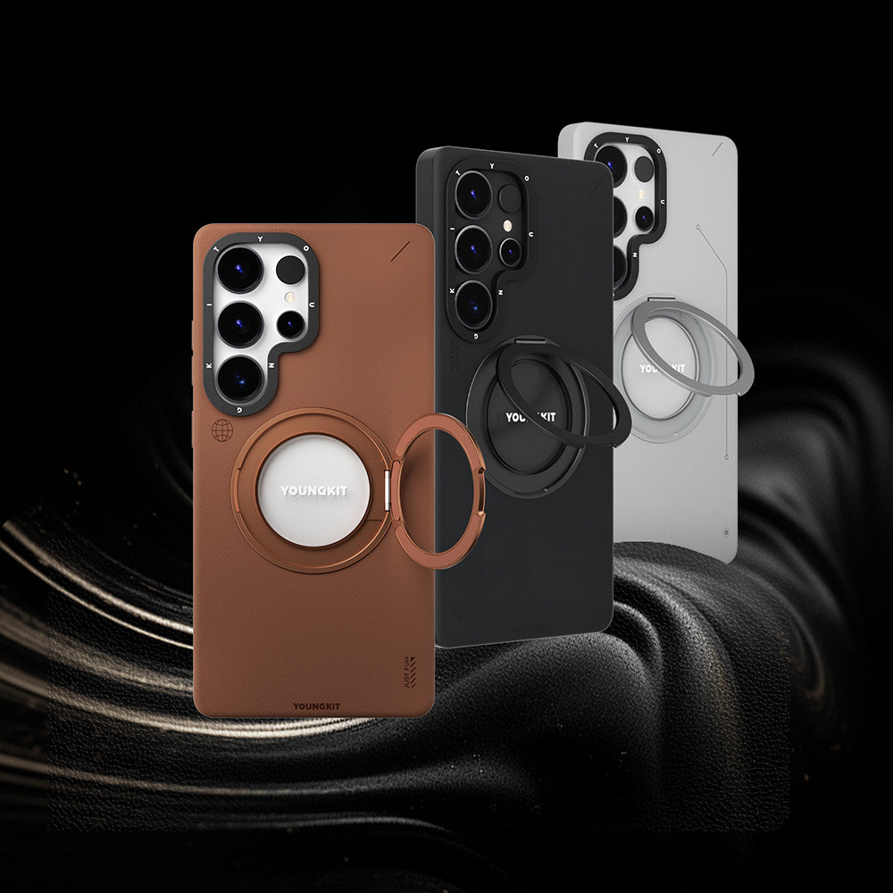 Galaxy S25 Ultra Kılıf M-safe Şarj Özellikli 360° Standlı Basit Mat Deri Desenli Youngkit Tech Leather Serisi Kapak Kahverengi