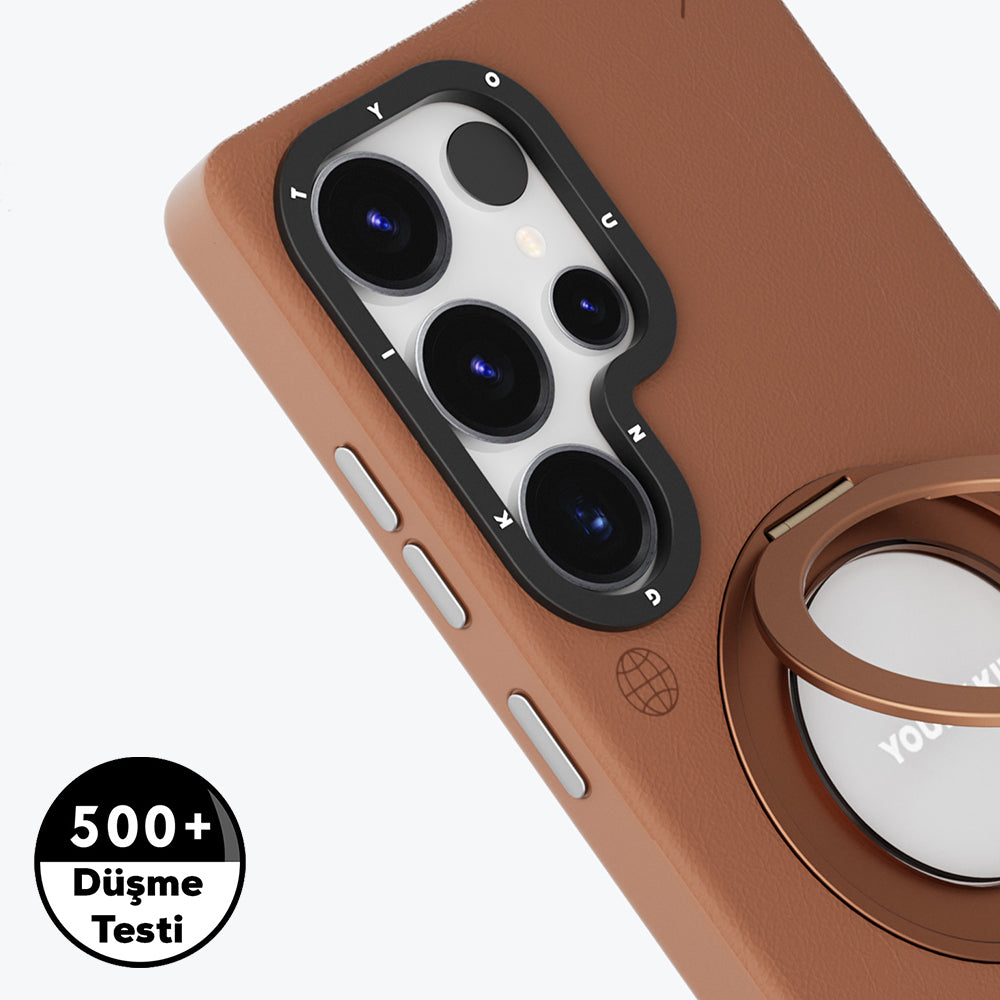Galaxy S25 Ultra Kılıf M-safe Şarj Özellikli 360° Standlı Basit Mat Deri Desenli Youngkit Tech Leather Serisi Kapak Kahverengi