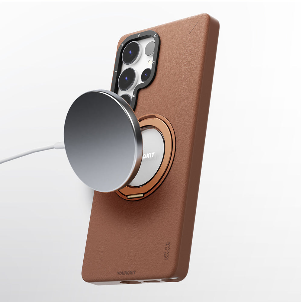 Galaxy S25 Ultra Kılıf M-safe Şarj Özellikli 360° Standlı Basit Mat Deri Desenli Youngkit Tech Leather Serisi Kapak Kahverengi