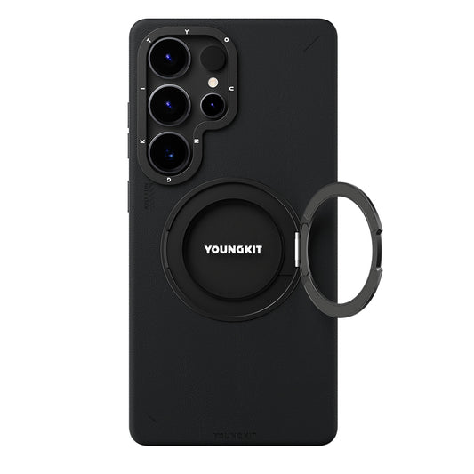 Galaxy S25 Ultra Kılıf M-safe Şarj Özellikli 360° Standlı Basit Mat Deri Desenli Youngkit Tech Leather Serisi Kapak