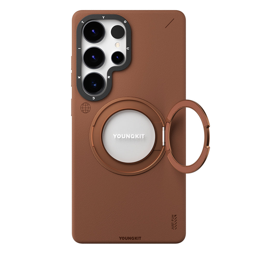 Galaxy S25 Ultra Kılıf M-safe Şarj Özellikli 360° Standlı Basit Mat Deri Desenli Youngkit Tech Leather Serisi Kapak Kahverengi