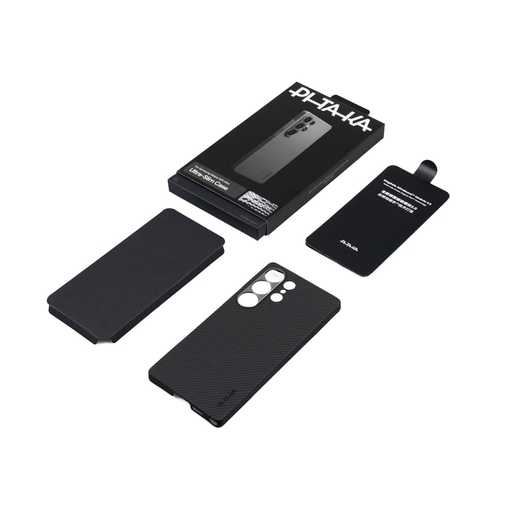 Galaxy S25 Ultra Kılıf M-safe Şarj Özellikli 600D Aramid Fiber Pitaka Ultra-Slim Classic Serisi Black-Grey Twill Kapak Siyah-Gri