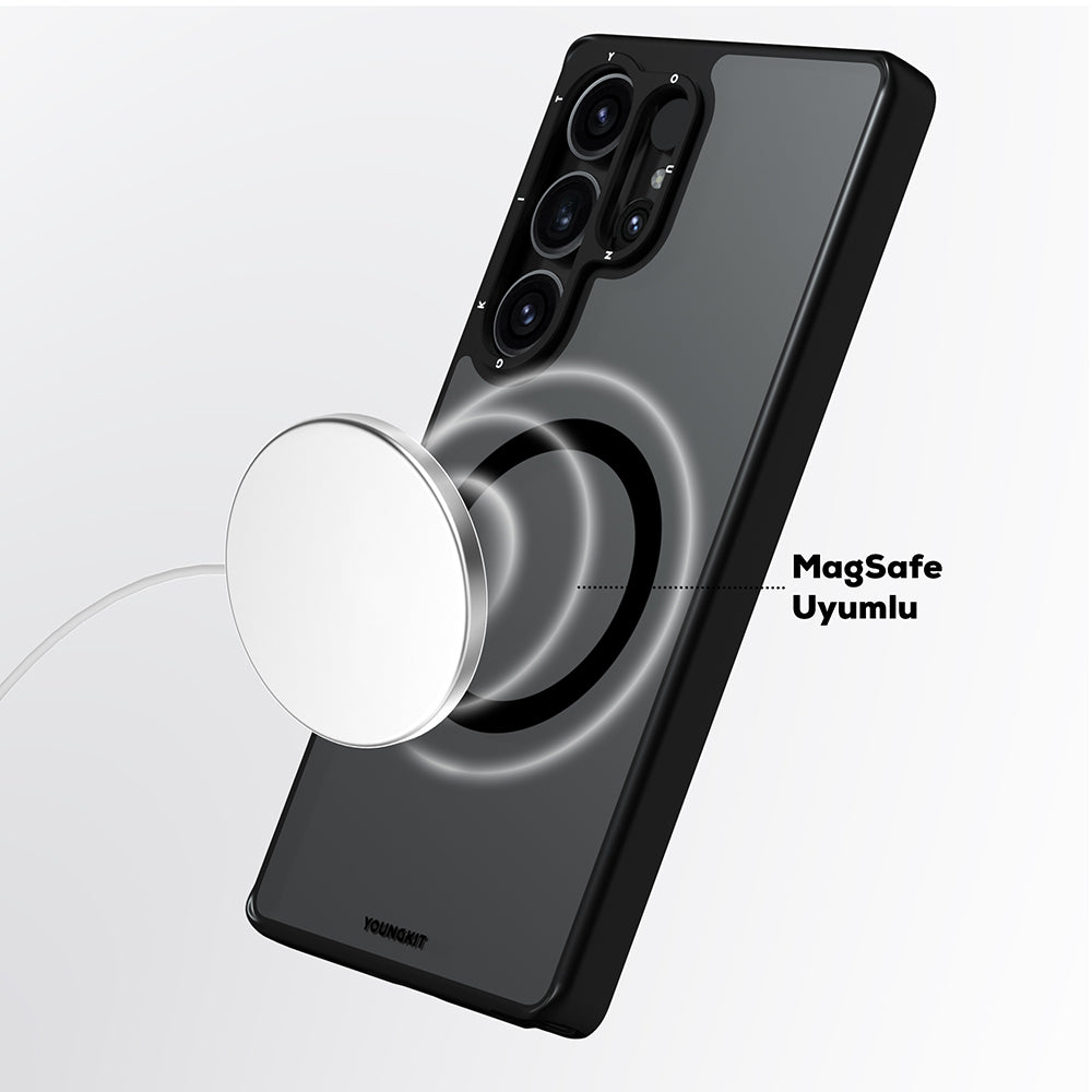 Galaxy S25 Ultra Kılıf M-safe Şarj Özellikli Cam Arka Yüzey TPU Youngkit Gemstone Serisi Kapak Siyah