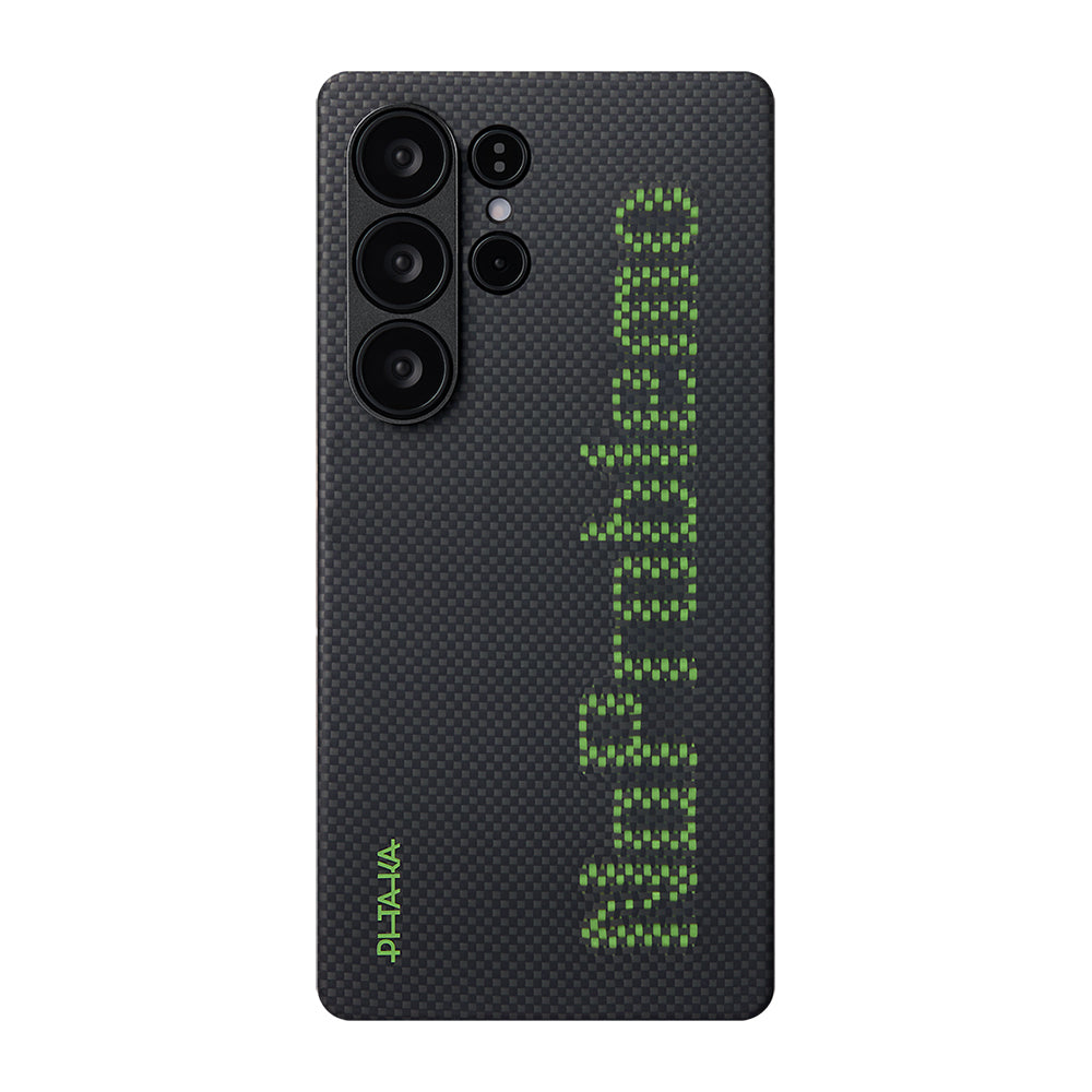 Galaxy S25 Ultra Kılıf  M-safe Şarj Özellikli Lumintex Teknolojili Fosforlu Aramid Fiber Pitaka Tactile Woven Aries Serisi Kapak Siyah-Yeşil