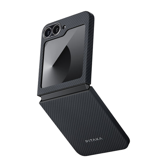 Galaxy Z Flip 6 Kılıf Magsafe Şarj Özellikli 600D Aramid Fiber Pitaka Ultra-Slim Classic Serisi Black-Grey Twill Kılıf Siyah-Gri