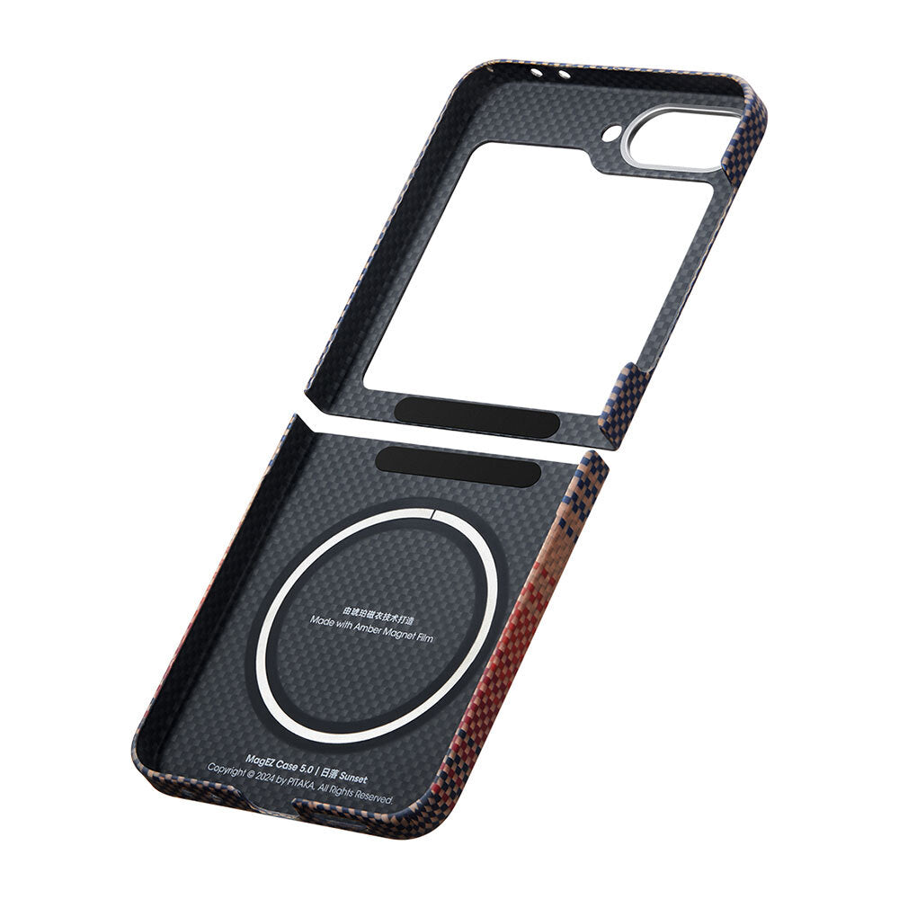 Galaxy Z Flip 6 Kılıf Magsafe Şarj Özellikli Aramid Fiber Pitaka Tactile Woven Sunset-Moonrise Serisi Sunset Kılıf Kahverengi