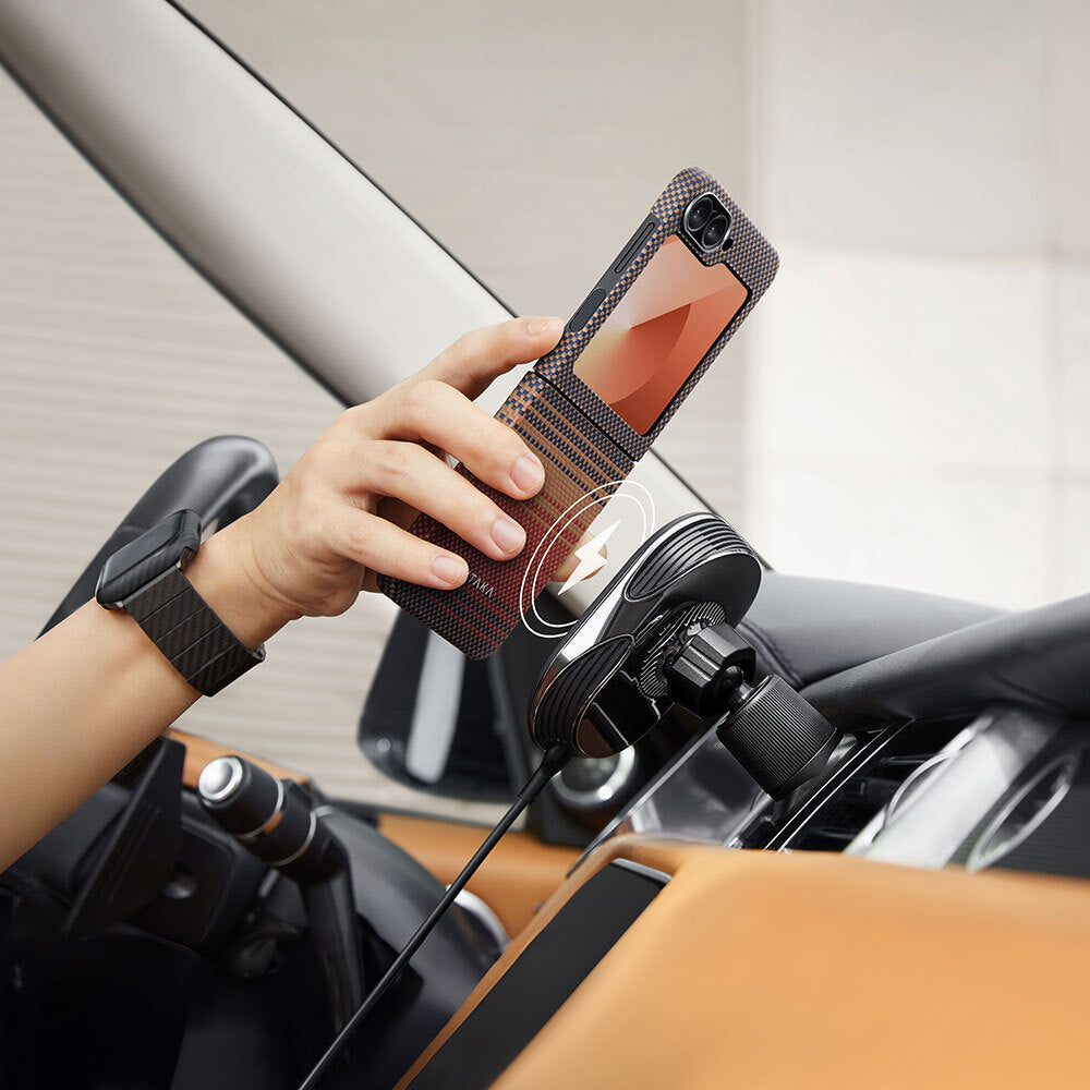 Galaxy Z Flip 6 Kılıf Magsafe Şarj Özellikli Aramid Fiber Pitaka Tactile Woven Sunset-Moonrise Serisi Sunset Kılıf Kahverengi