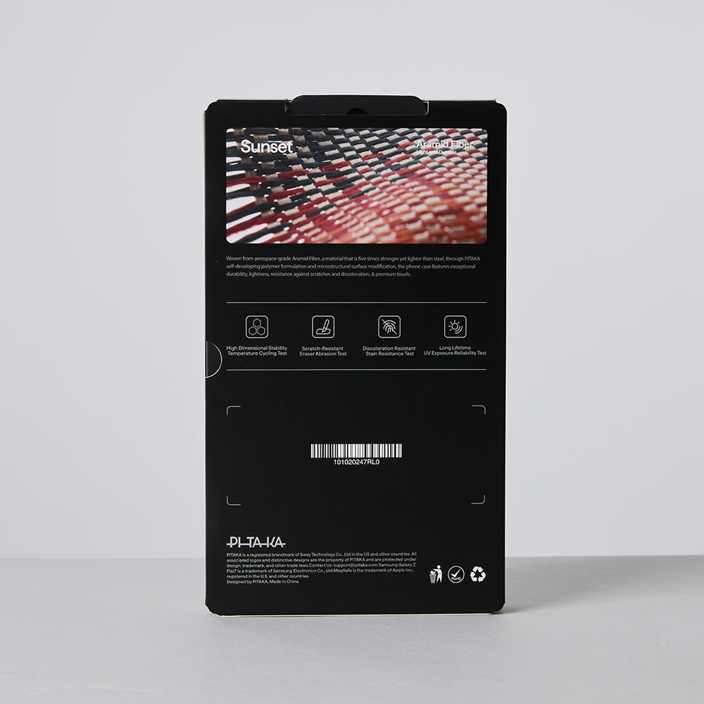 Galaxy Z Flip 7 Kılıf M-safe Şarj Özellikli Aramid Fiber Pitaka Tactile Woven Sunset-Moonrise Serisi Kapak Kahverengi