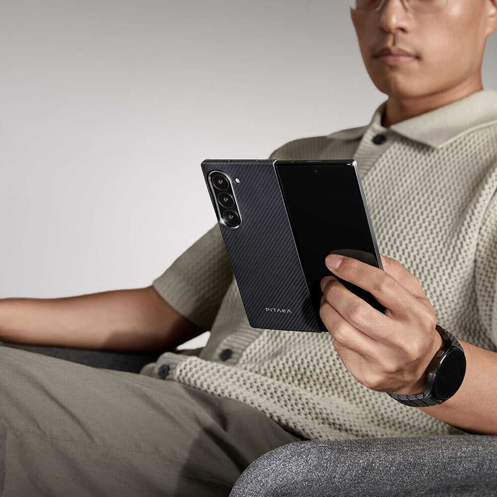 Galaxy Z Fold 6 Kılıf Magsafe Şarj Özellikli 600D Aramid Fiber Pitaka Ultra-Slim Classic Serisi Black-Grey Twill Kılıf Siyah-Gri