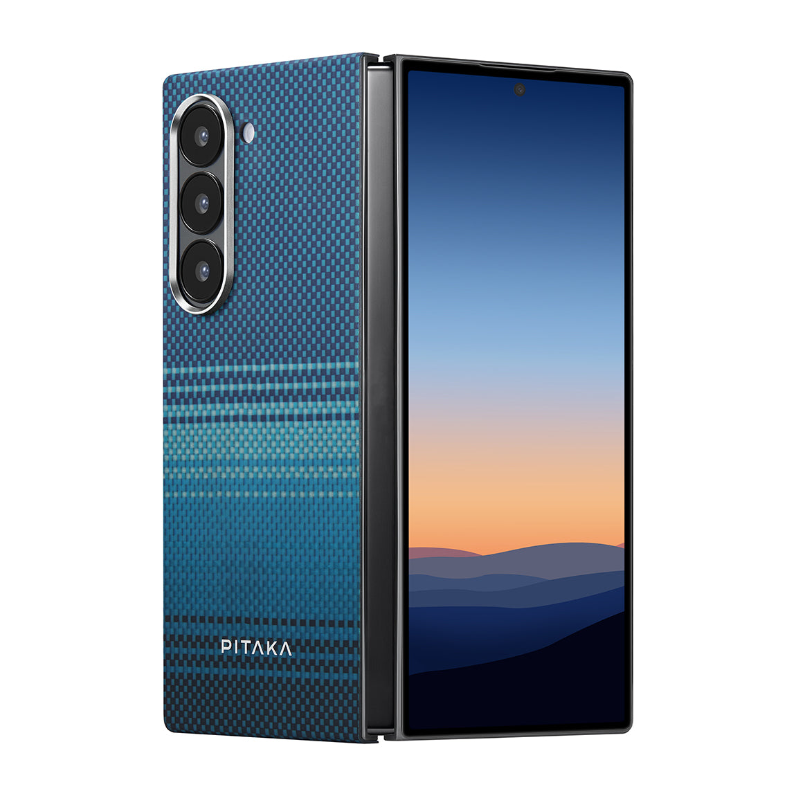 Galaxy Z Fold 6 Kılıf Magsafe Şarj Özellikli Aramid Fiber Pitaka Tactile Woven Sunset-Moonrise Serisi Moonrise Kılıf Mavi