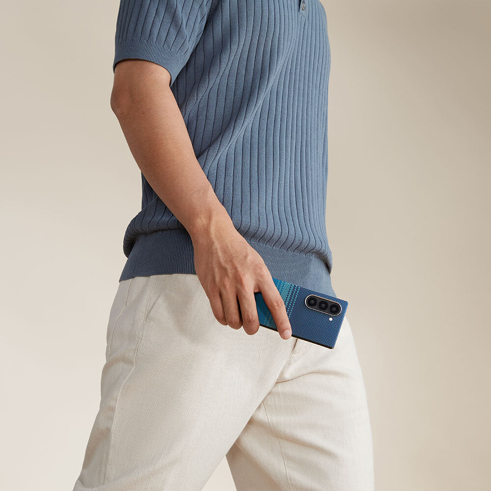 Galaxy Z Fold 6 Kılıf Magsafe Şarj Özellikli Aramid Fiber Pitaka Tactile Woven Sunset-Moonrise Serisi Moonrise Kılıf Mavi