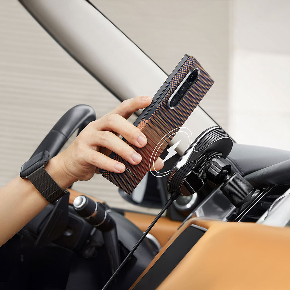 Galaxy Z Fold 6 Kılıf Magsafe Şarj Özellikli Aramid Fiber Pitaka Tactile Woven Sunset-Moonrise Serisi Sunset Kılıf Kahverengi