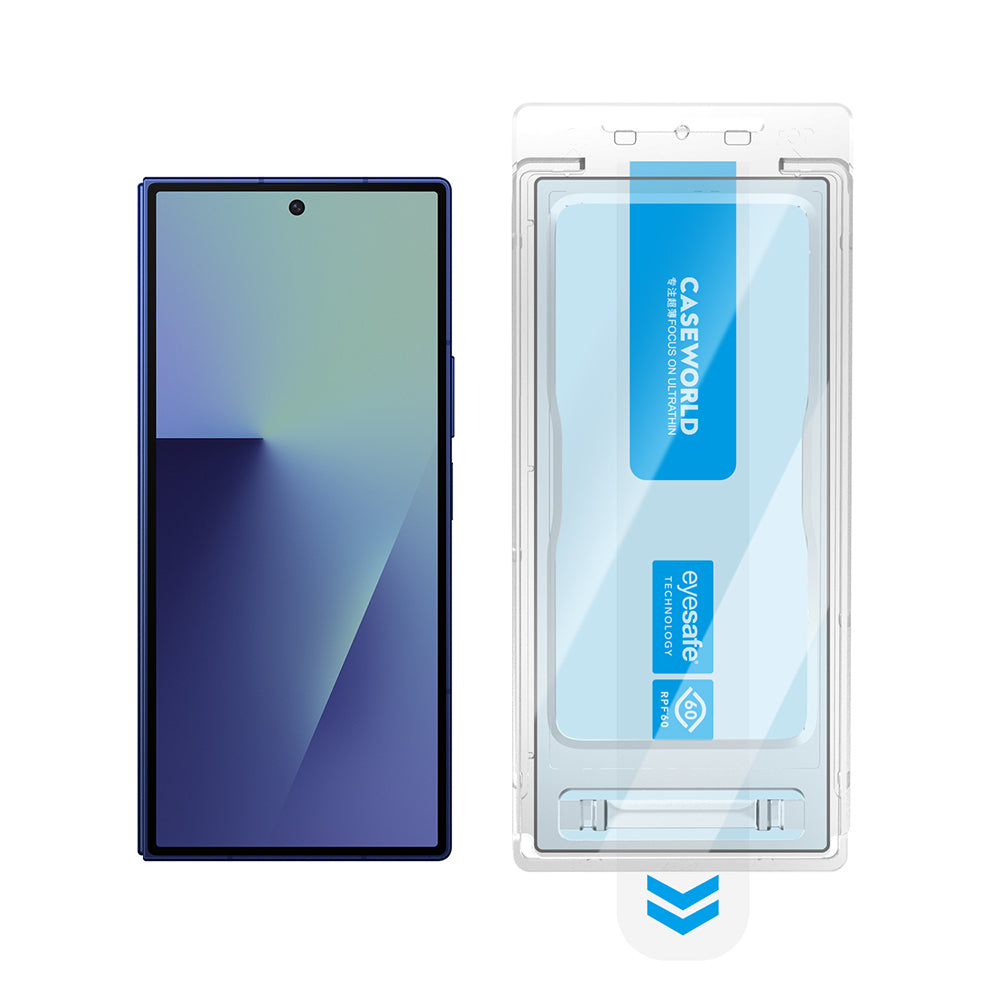 Galaxy Z Fold 7 CaseWorld Applicator Serisi 2.5D Eyesafe Mavi Işık Teknolojili 0.33mm Temperli Cam Ekran Koruyucu+ Uygulama Aparatı Şeffaf