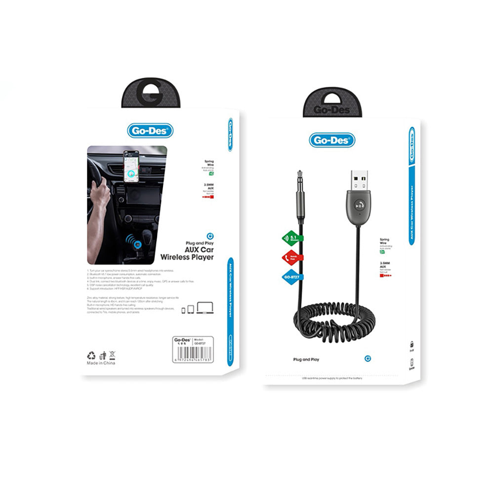 Go Des GD-BT27 Spiral Kablo Tasarımlı AUX Bluetooth 5.1 Adaptör Siyah