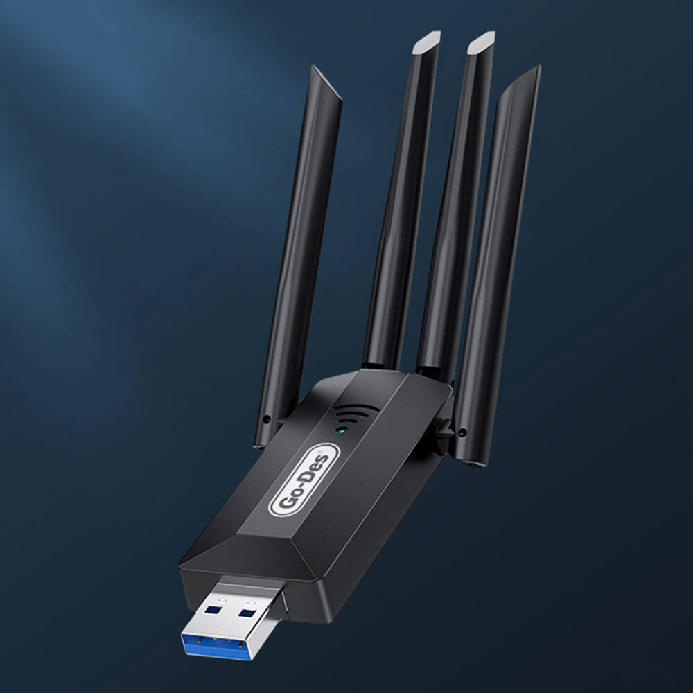 Go Des GD-BT318 Çift Bantlı 1200m 300Mbps 4 Antenli Kablosuz İnternet Sağlayıcı USB WiFi Adaptör Siyah