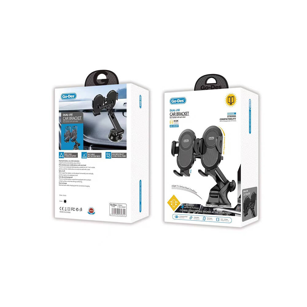 Go Des GD-HD207 Çift Kullanım Vantuzlu Tasarım İkili Araç Telefon Tutucu Siyah