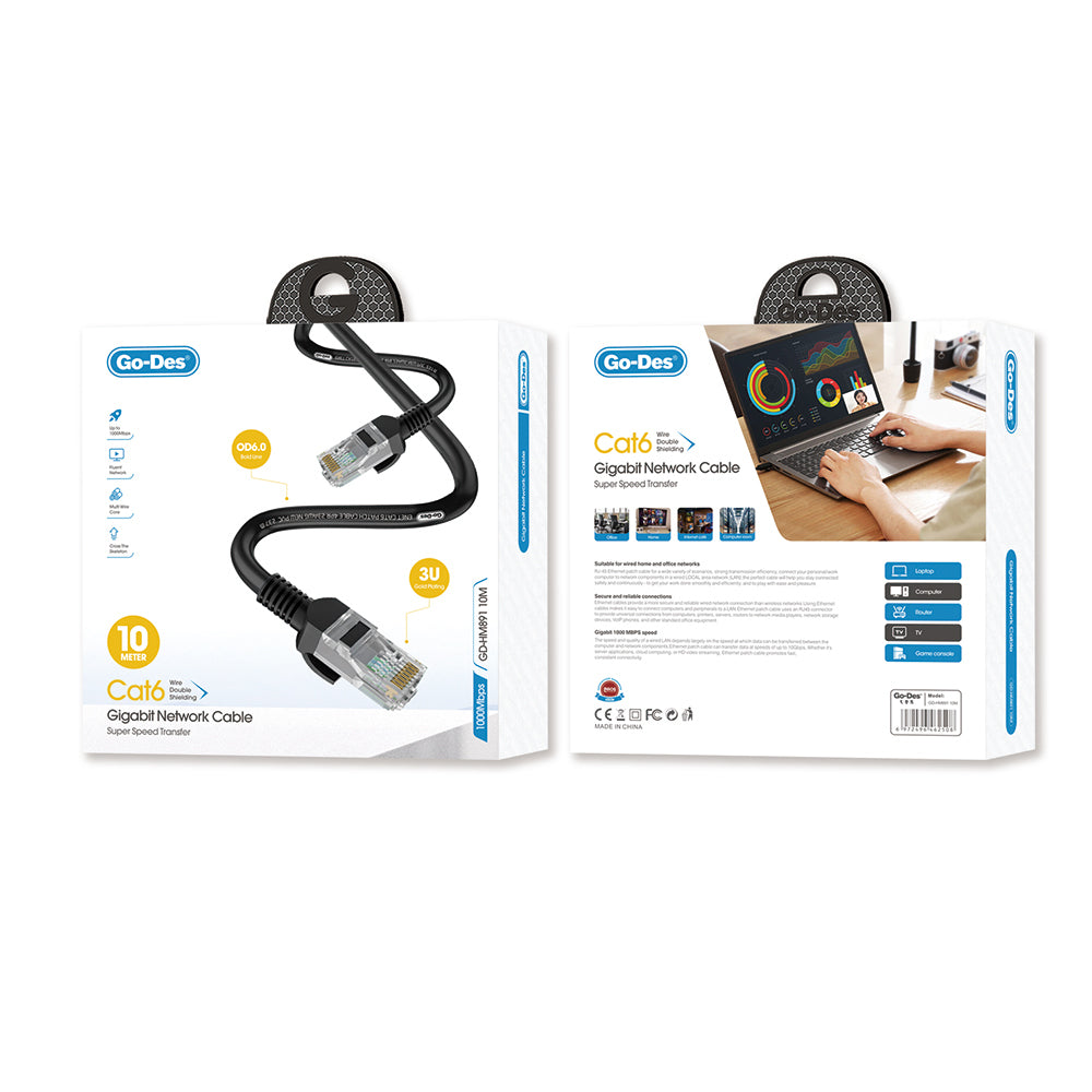 Go Des GD-HM891 1000Mbps Aktarım Hızlı RJ45 Ethernet Kablosu 10M Siyah