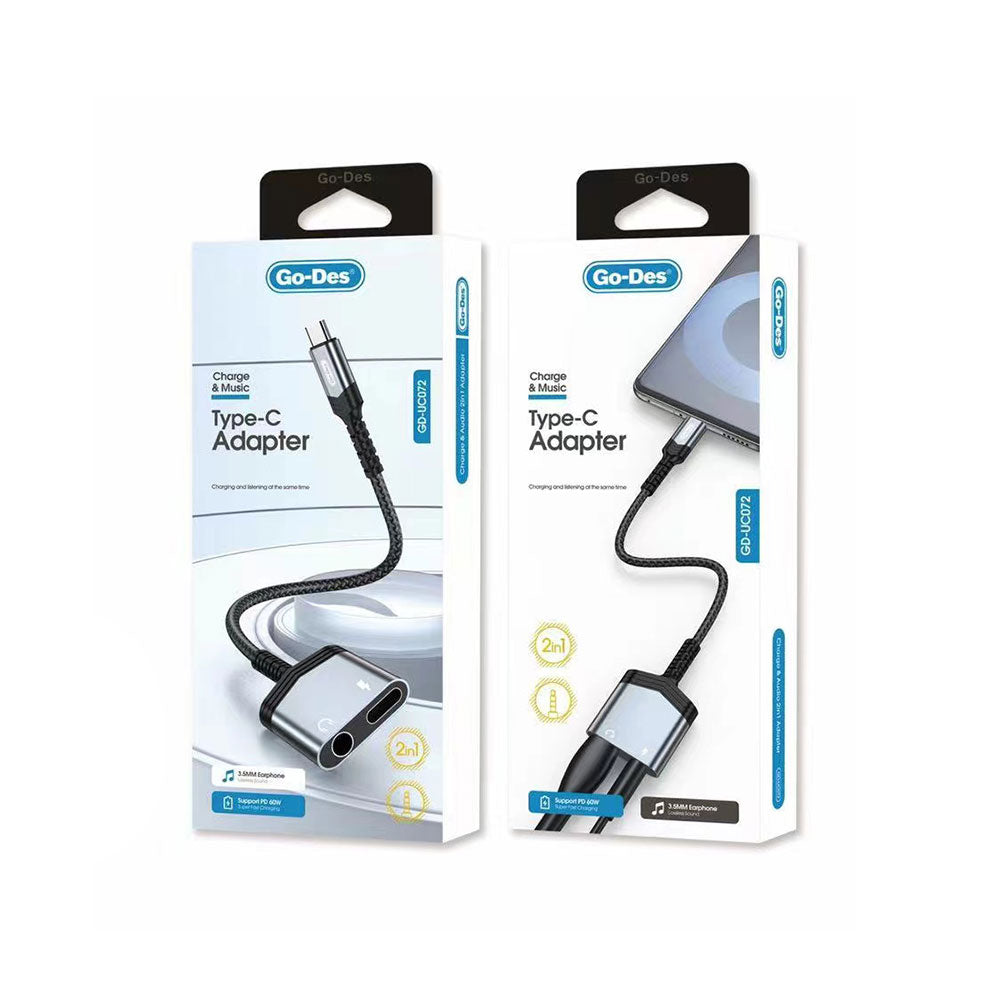 Go Des GD-UC072 3.5mm Jack Girişli Type-C 2in1 Şarj ve Ses Adaptörü Gri