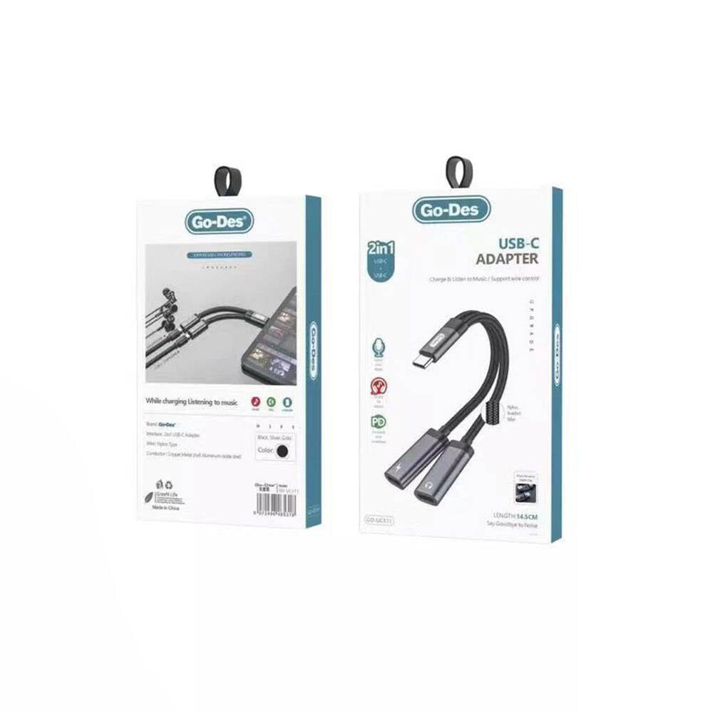Go Des GD-UC311 Type-C 2in1 Şarj ve Ses Kablosu Siyah