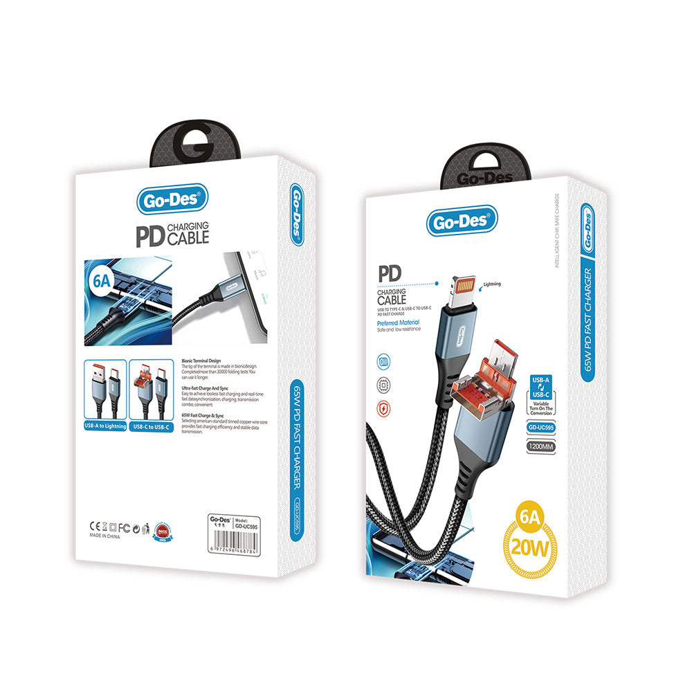 Go Des GD-UC595 Biyonik Terminal Tasarım PD20W Lightning to Type-C & Lightning to USB-A Kablo Siyah