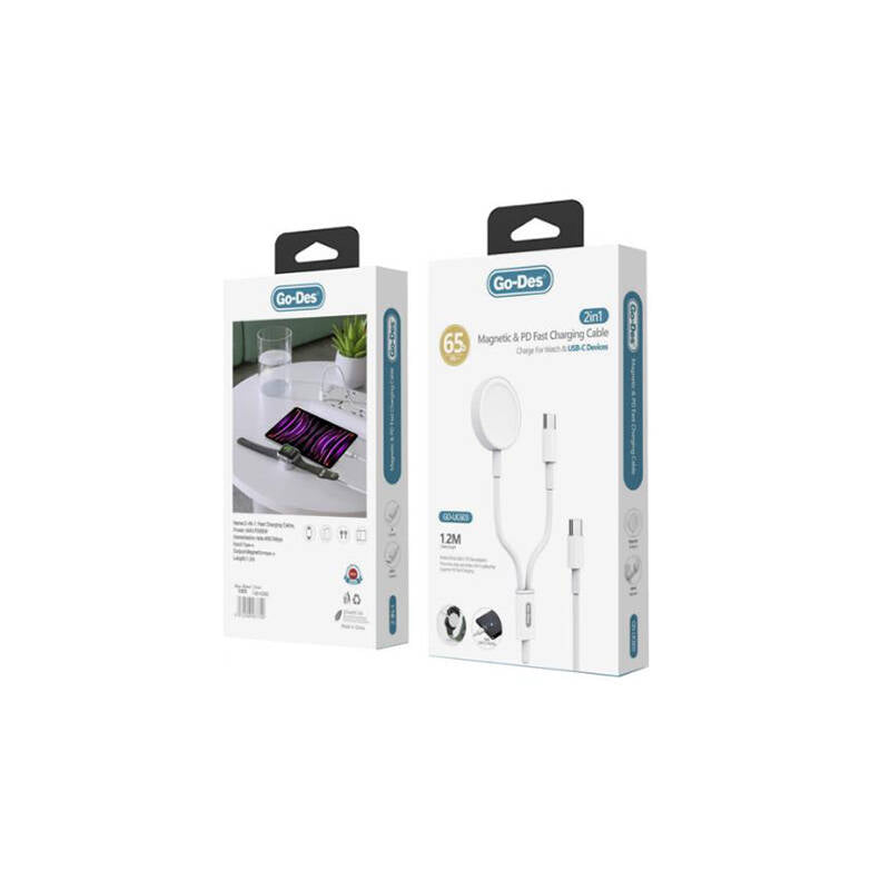 Go Des GD-UC603 2in1 Magnetik Wireless Type-C PD Hızlı Şarj Kablosu 65W 1.2M Beyaz