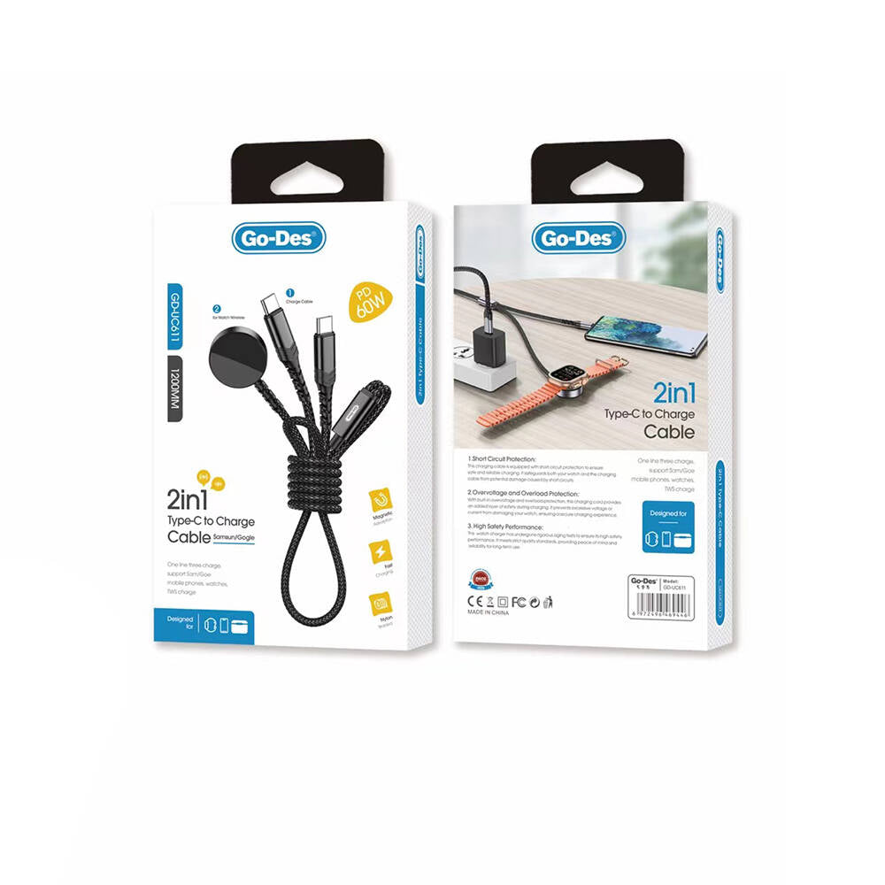 Go Des GD-UC611 2in1 Android Watch Uyumlu Wireless Type-C PD Hızlı Şarj Kablosu 60W 1.2M Siyah