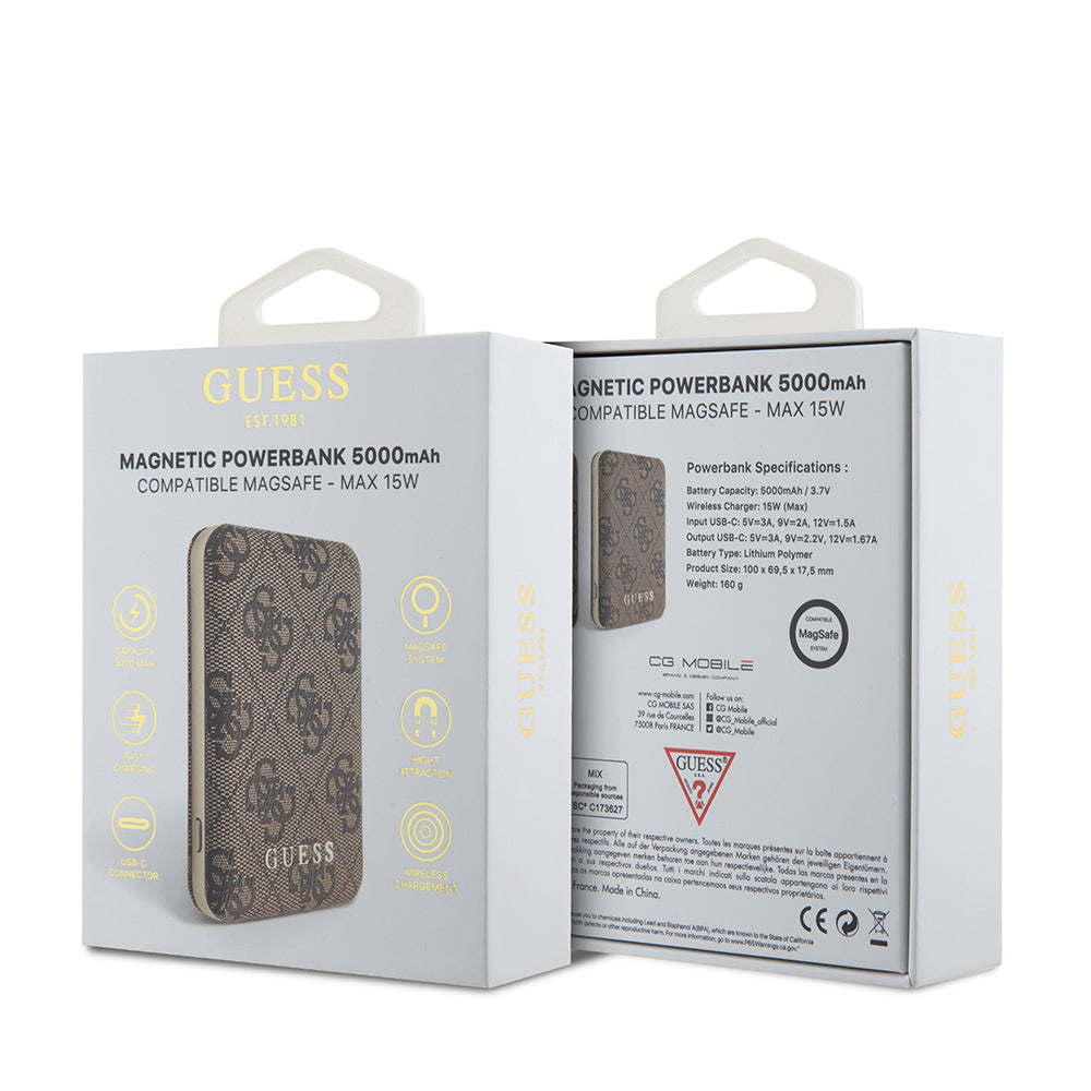 Guess Orjinal Lisanslı Dijital Led Göstergeli PU Deri 4G Desenli Metal Yazı Logolu Powerbank 5000mAh 15W Mavi