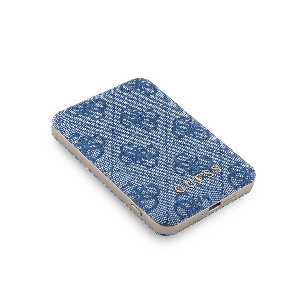 Guess Orjinal Lisanslı Dijital Led Göstergeli PU Deri 4G Desenli Metal Yazı Logolu Powerbank 5000mAh 15W Mavi