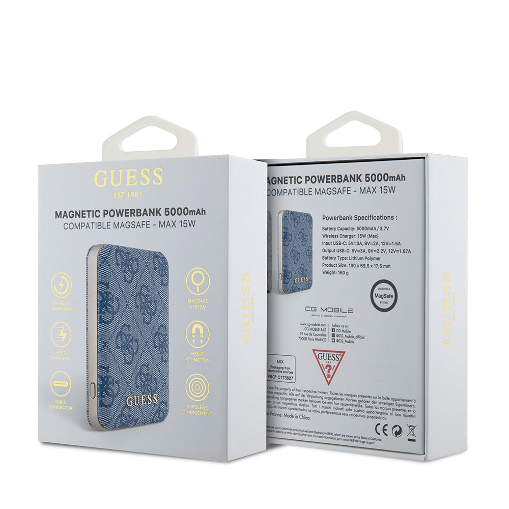 Guess Orjinal Lisanslı Dijital Led Göstergeli PU Deri 4G Desenli Metal Yazı Logolu Powerbank 5000mAh 15W Mavi