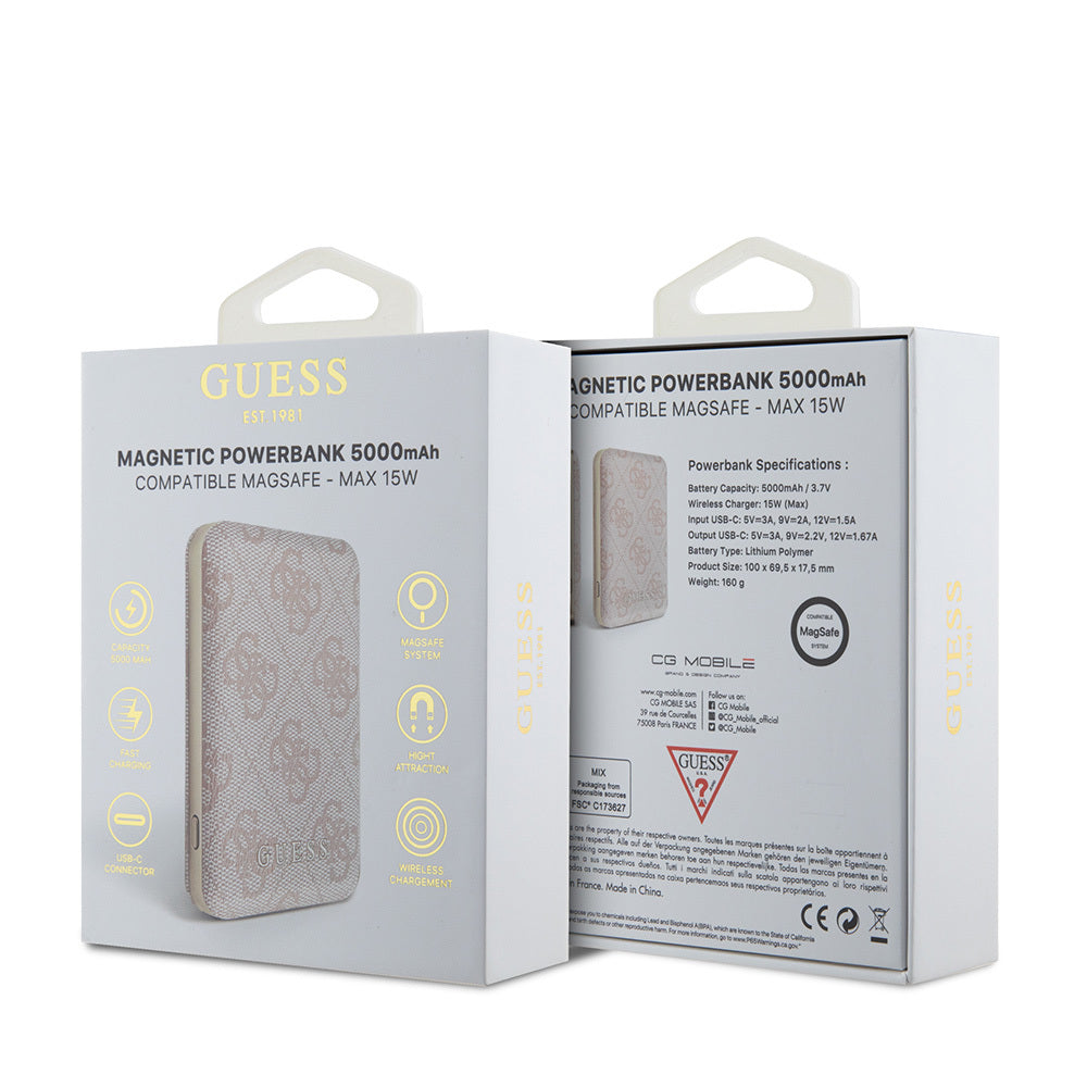 Guess Orjinal Lisanslı Dijital Led Göstergeli PU Deri 4G Desenli Metal Yazı Logolu Powerbank 5000mAh 15W Mavi