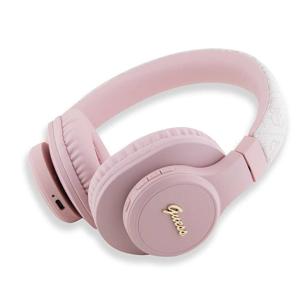 Guess Orjinal Lisanslı PU 4G Desenli Metal Yazı Logolu Tone On Tone Kulak Üstü Bluetooth Kulaklık Pembe