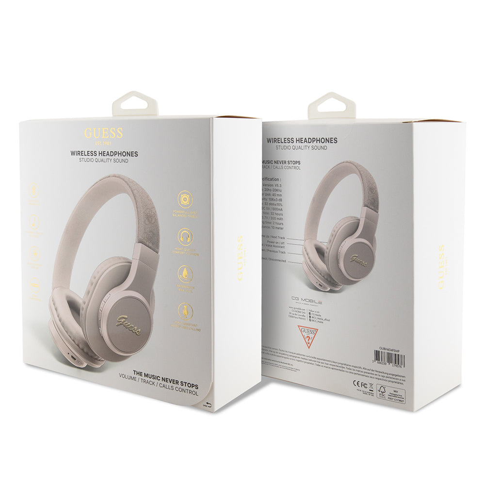 Guess Orjinal Lisanslı PU 4G Desenli Metal Yazı Logolu Tone On Tone Kulak Üstü Bluetooth Kulaklık Pembe