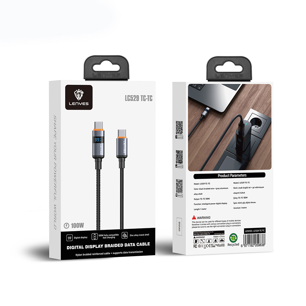 Lenyes LC529 Type-C to Type-C LED Dijital Göstergeli Hızlı Şarj Özellikli Data ve Şarj Kablosu 100W 1M Siyah