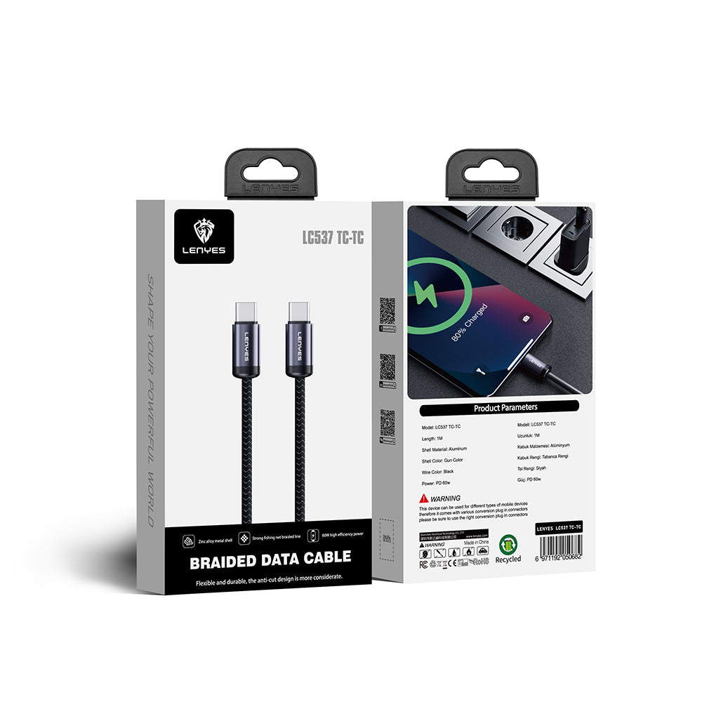 Lenyes LC537 Type-C to Type-C Hızlı Şarj Özellikli Örgülü Data ve Şarj Kablosu 60W 1M Siyah