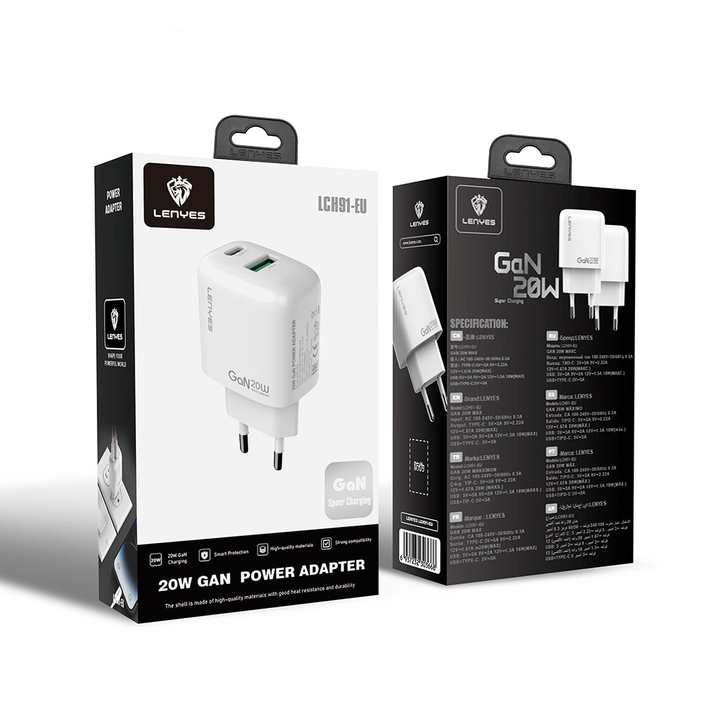 Lenyes LCH91 Type-C ve USB GaN Teknolojili PD Hızlı Şarj Özellikli Şarj Başlığı 20W Beyaz