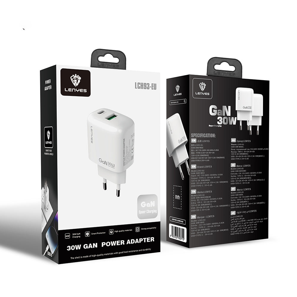 Lenyes LCH93 Type-C ve USB GaN Teknolojili PD Hızlı Şarj Özellikli Şarj Başlığı 30W Beyaz