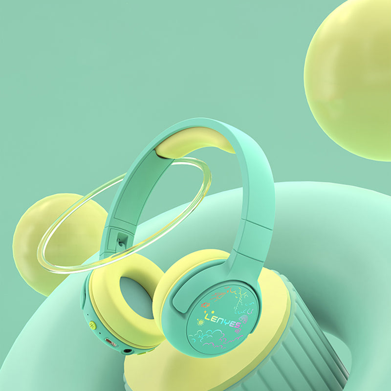 Lenyes LKH30 Ayarlanabilir Katlanabilir Çocuklara Özel Işık Efektli Kulak Üstü Kablolu ve Bluetooth Kulaklık v5.3 Yeşil