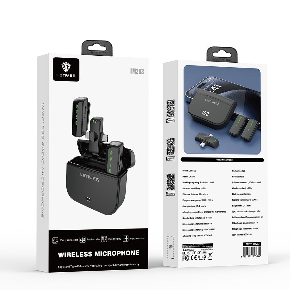 Lenyes LM203 2in1 Type-C ve Lightning Portlu Kablosuz Yaka Mikrofonu Siyah