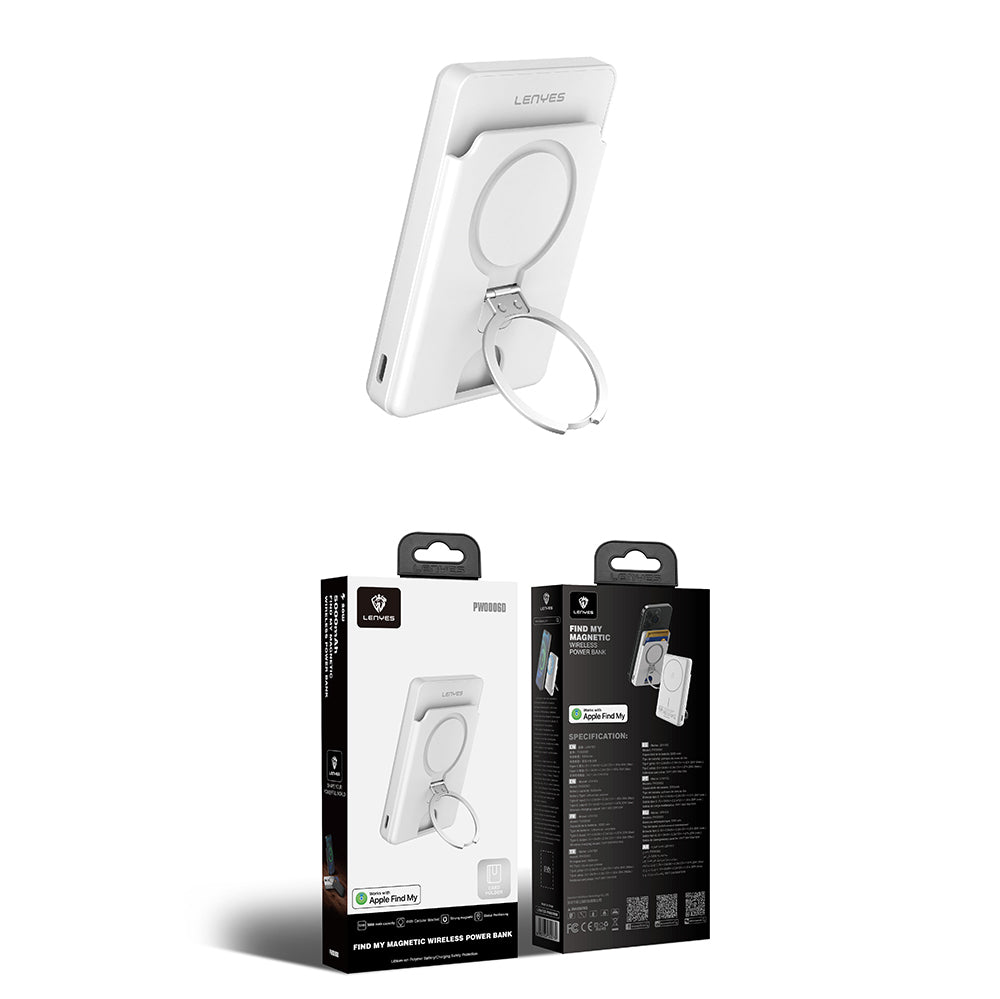 Lenyes PW0006D PD 20W Hızlı Şarj Özellikli Kartlıklı Standlı Wireless Powerbank 15W 5000mAh Beyaz