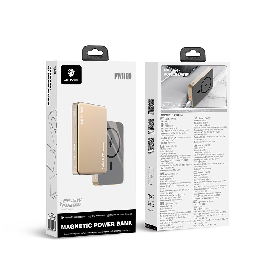 Lenyes PW019D PD 20W Ultra İnce Hızlı Şarj Özellikli Wireless Powerbank 15W 5000mAh Gold