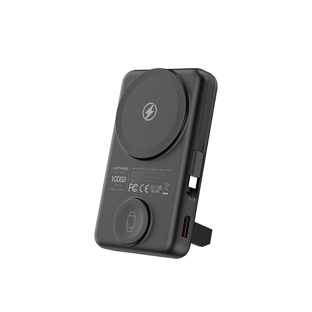 Lenyes PW1003D 22.5W Dijital LED Ekranlı Akıllı Saat Kablosuz Şarj Özellikli Standlı Wireless Powerbank 15W 10000mAh Siyah
