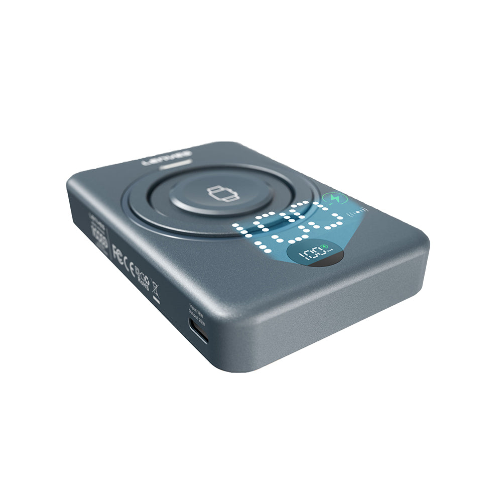 Lenyes PW1010D PD 20W Dijital LED Göstergeli Akıllı Saat Kablosuz Şarj Özellikli Standlı Wireless Powerbank 15W 10000mAh Gri