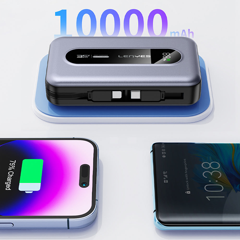 Lenyes PX1002D Dijital LED Göstergeli Teleskopik Type-C ve Lightning Kablolu Powerbank 35W 10.000mAh Gri